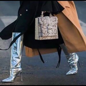 Silver stiletto knee high metallic boots